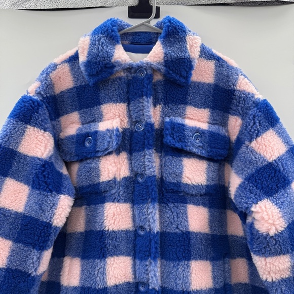 Stand‎ Studio Sabi Oversized Blue & Pink Plaid Fuzzy Shacket Jacket Sz 32 - Picture 4 of 10
